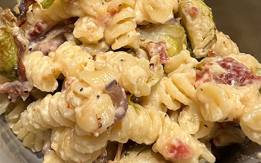 Roasted Brussels Sprouts, Bacon & Pepper Jack Macaroni & Cheese