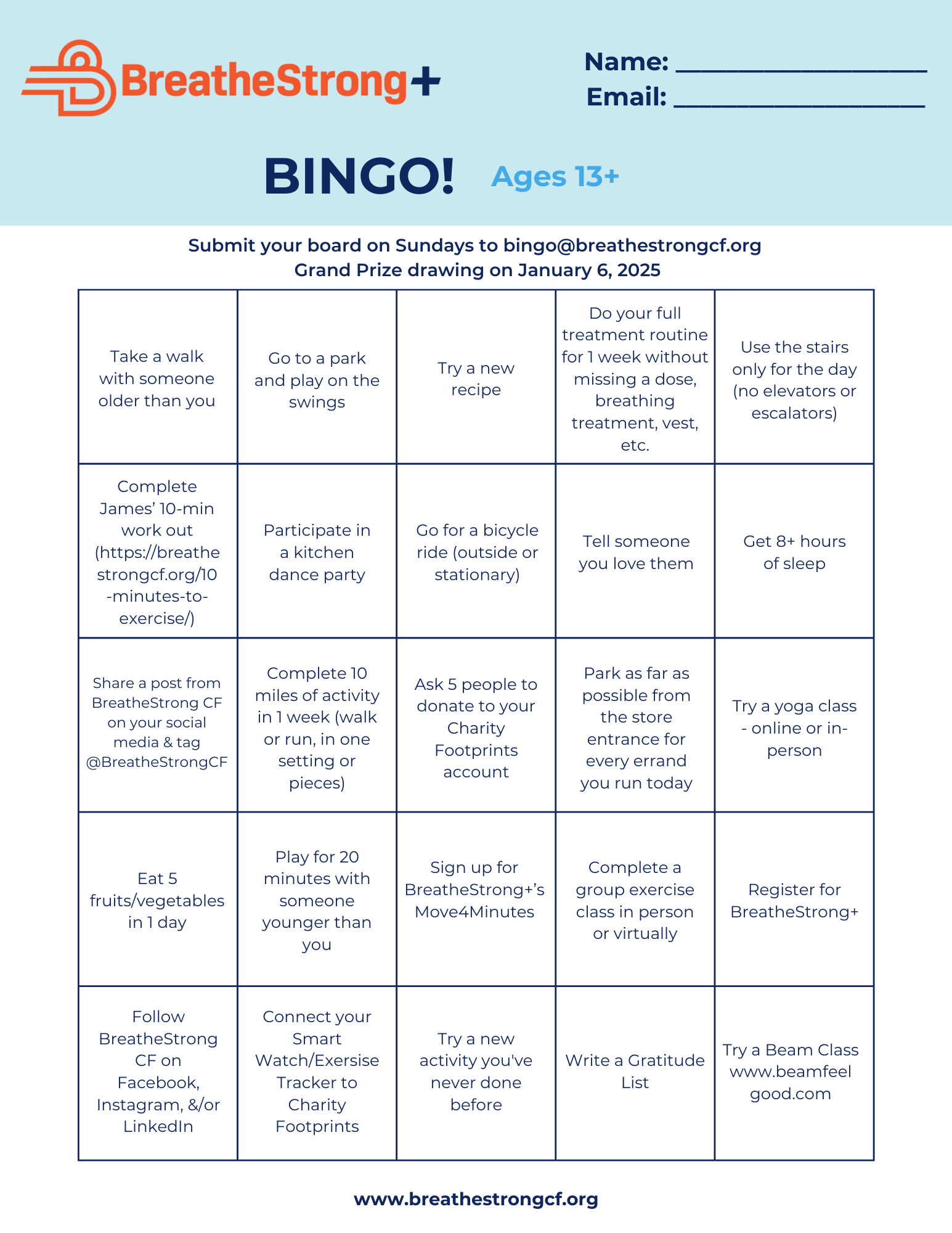 bingo card for ages 13+